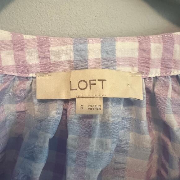 Loft Plaid Puff Sleeve Short Sleeve V-Neck Top Sz Small - Picture 2 of 7